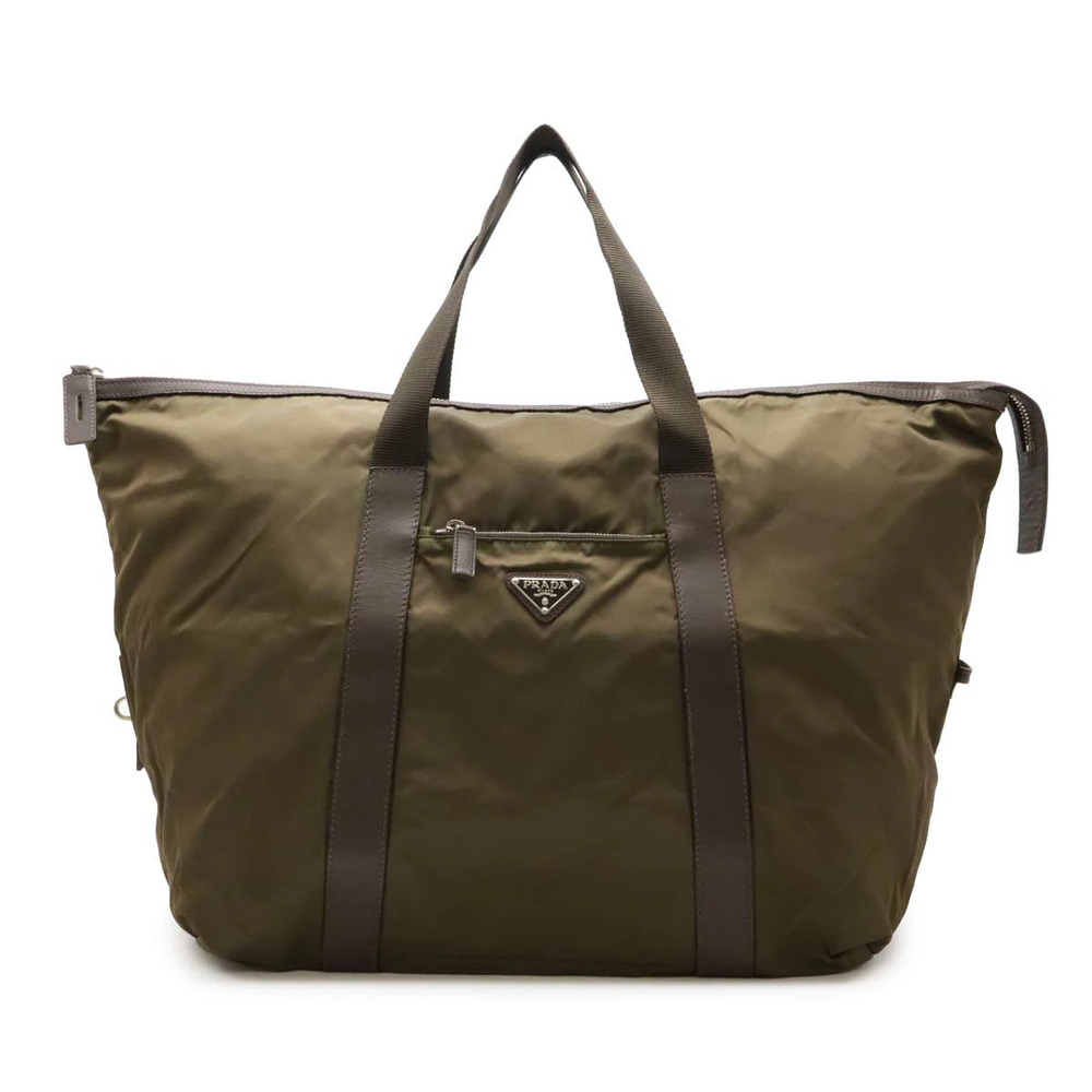 Prada Triangle Boston Bag Travel Leather Khaki Green Dark Brown